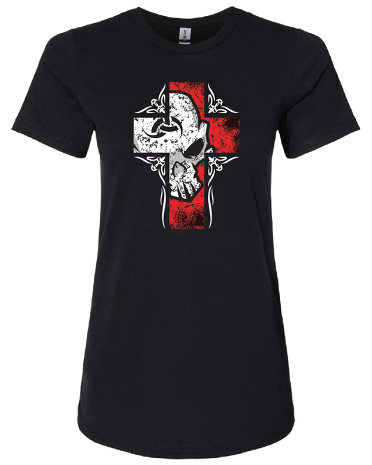 Womens T-Shirt - Red Cross Female Skull