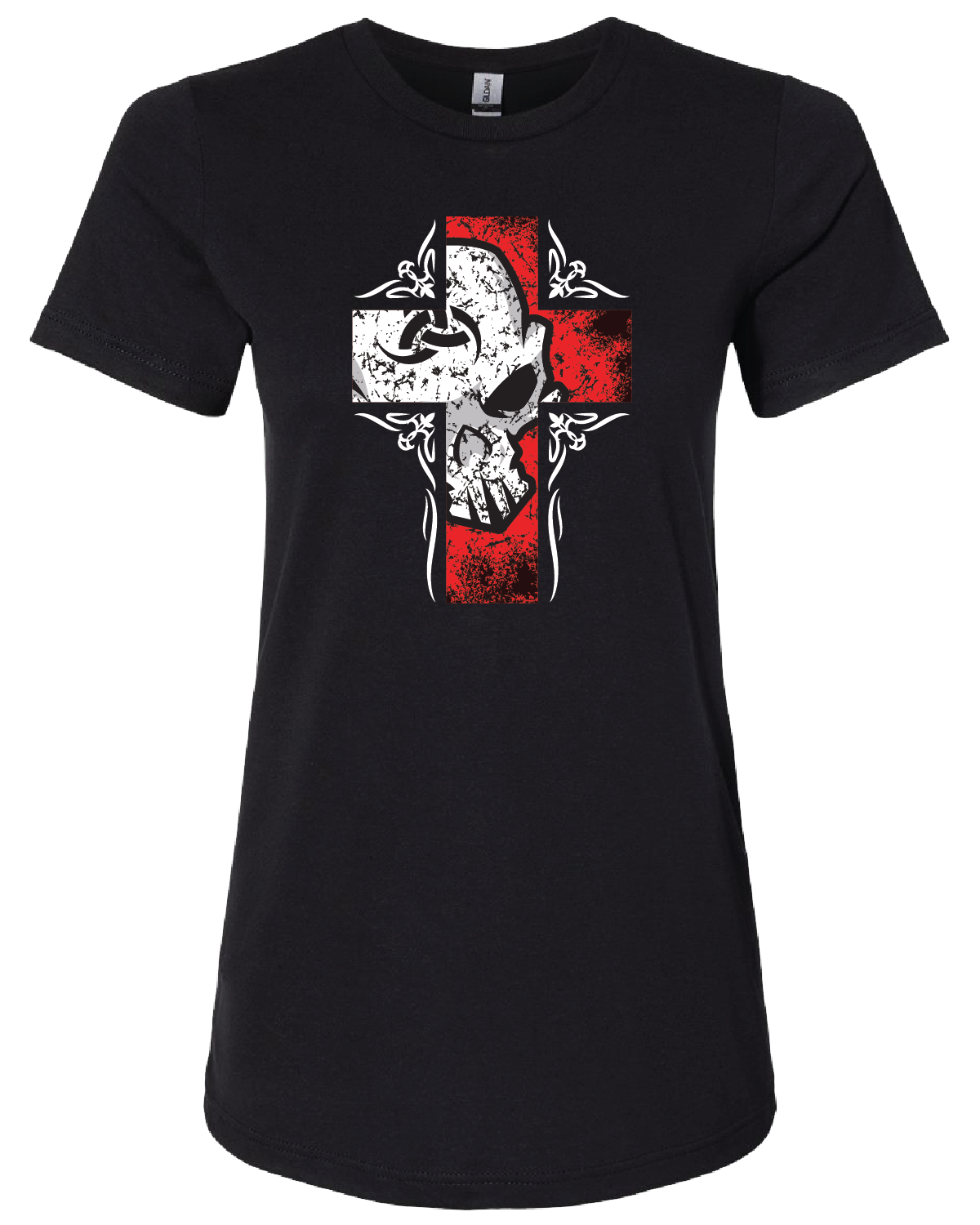 Womens T-Shirt - Red Cross Female Skull