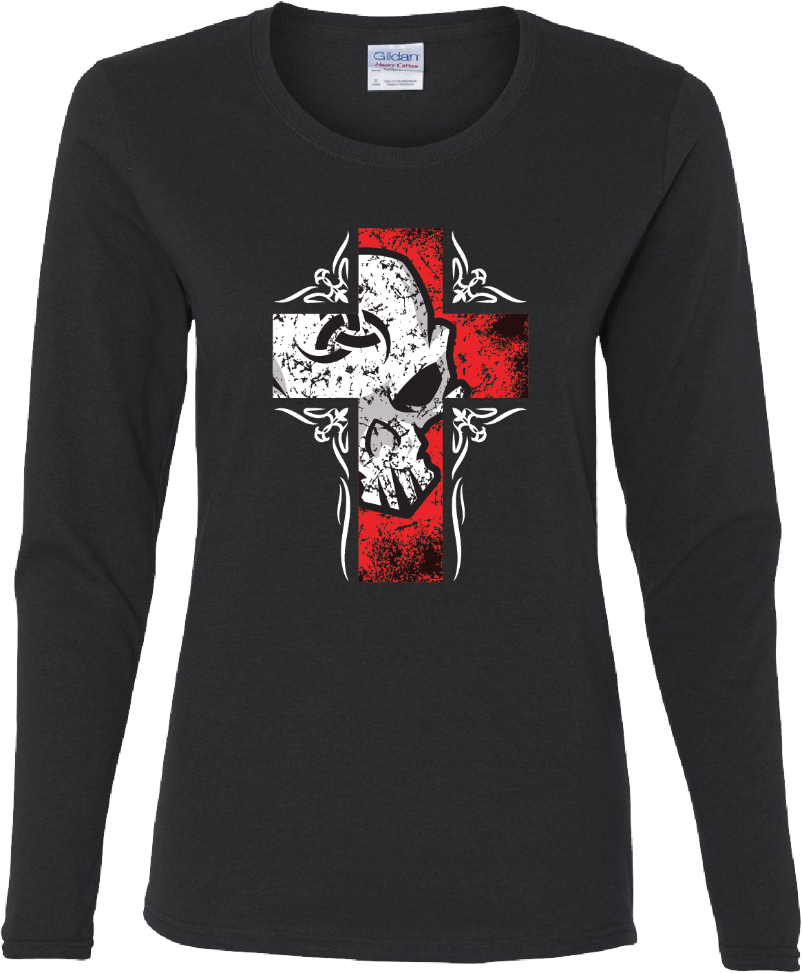 Womens Long Sleeve T-Shirt - Red Cross Female Skull